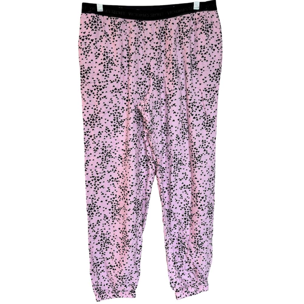 Victoria's Secret Pink & Black Hearts Cotton Blend Relaxed Fit PJ Pants Sz Med